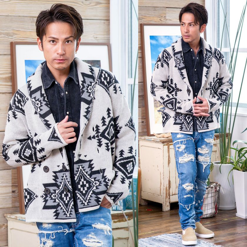 カーディガン メンズ TMT(ティーエムティー)NATIVE JACQUARD KNIT W