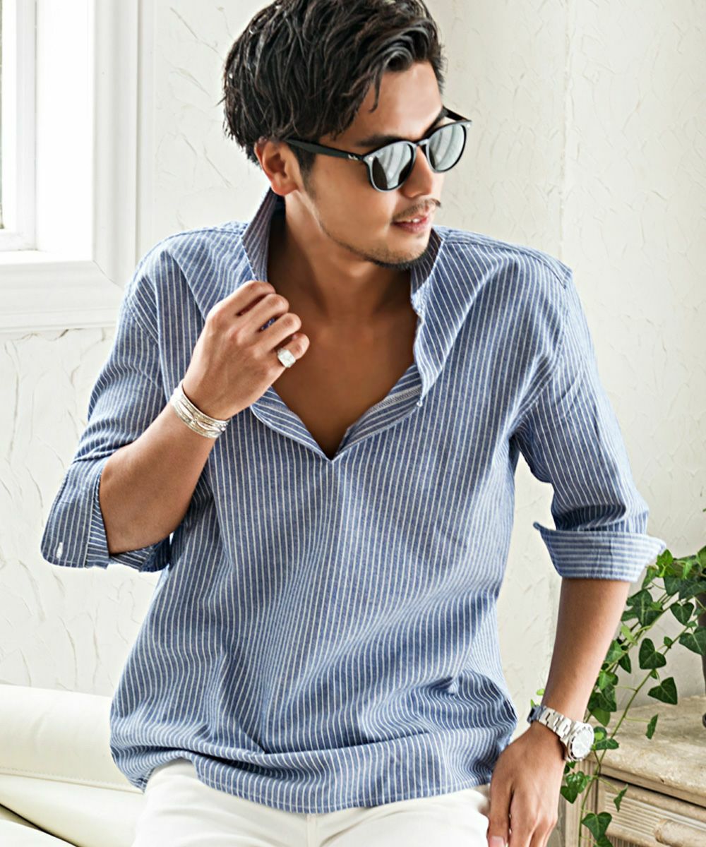  CavariA(キャバリア)パナマ織り7分袖カプリシャツ/全9色