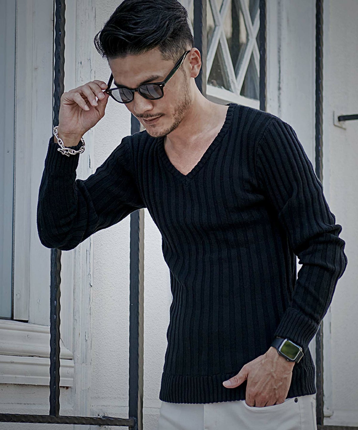 CavariA(キャバリア)リブ編みVネック長袖コットンニットソー/全3色