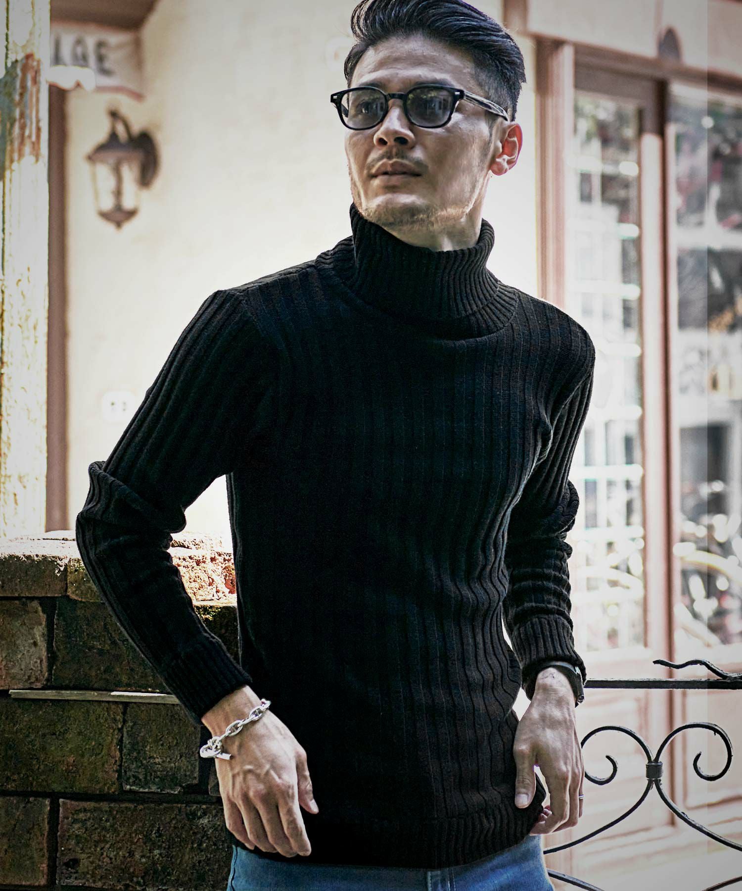 セーター メンズ CavariA リブ編みタートルネック長袖コットン