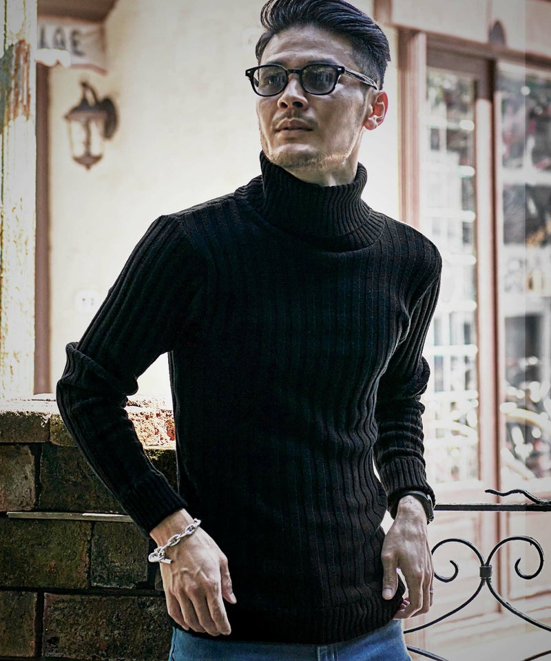  CavariA リブ編みタートルネック長袖コットンニットソー/全3色