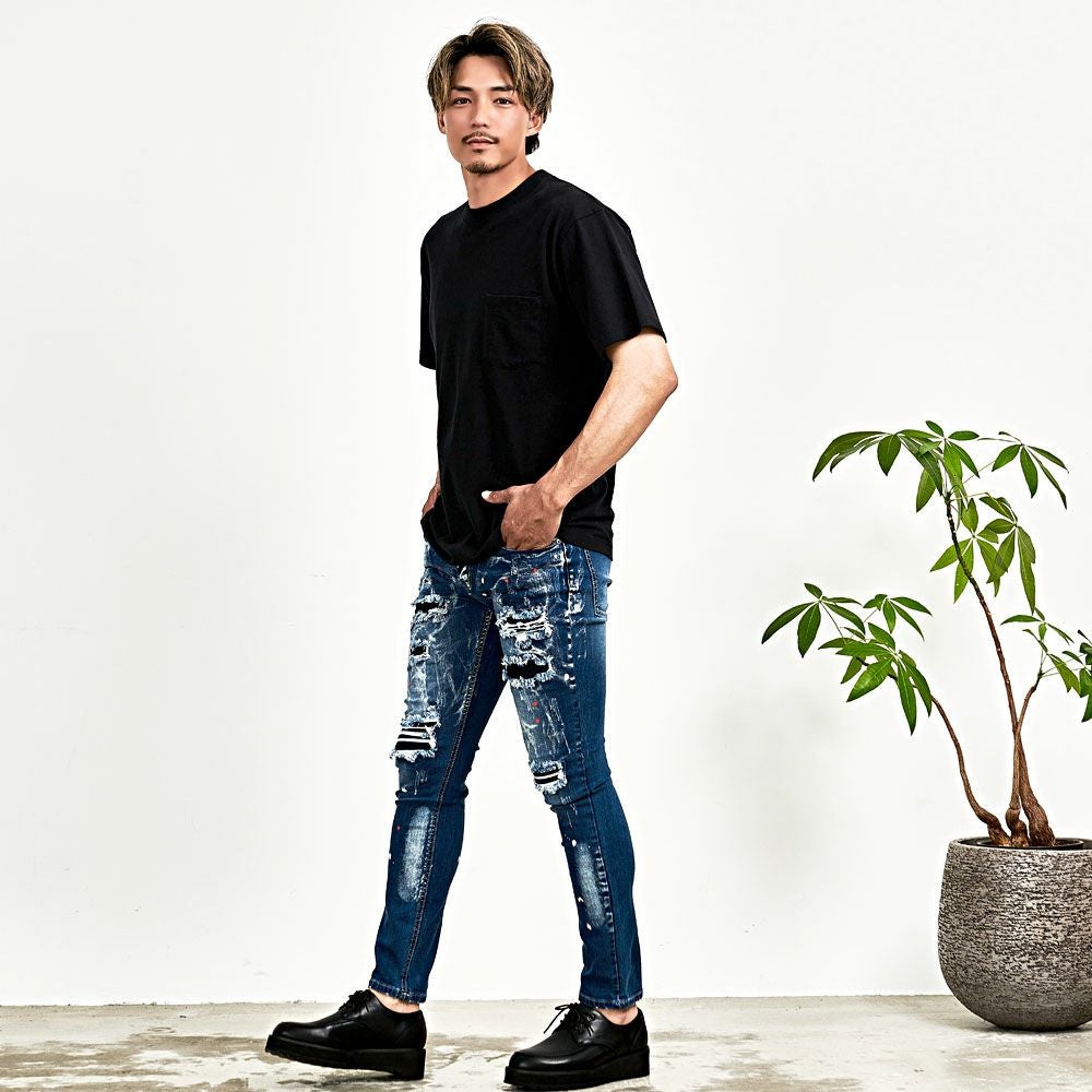 デニムパンツ メンズ CavariA(キャバリア)ペンキ飛ばしダメージ加工