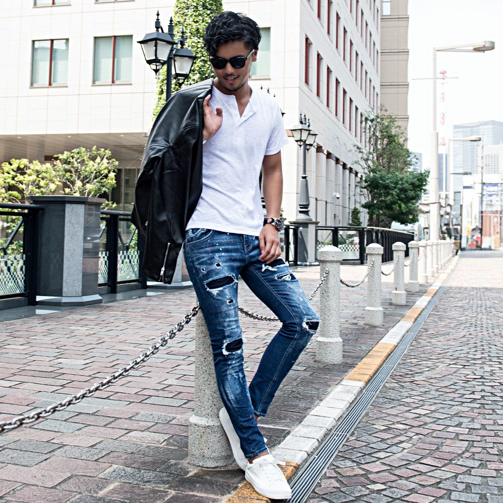 デニムパンツ メンズ CavariA(キャバリア)ペンキ飛ばしダメージ加工