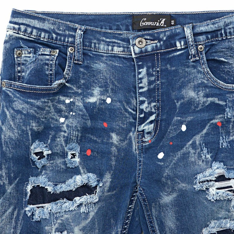 CavariA(キャバリア)ペンキ飛ばしダメージ加工リペアデニムパンツ/全2色