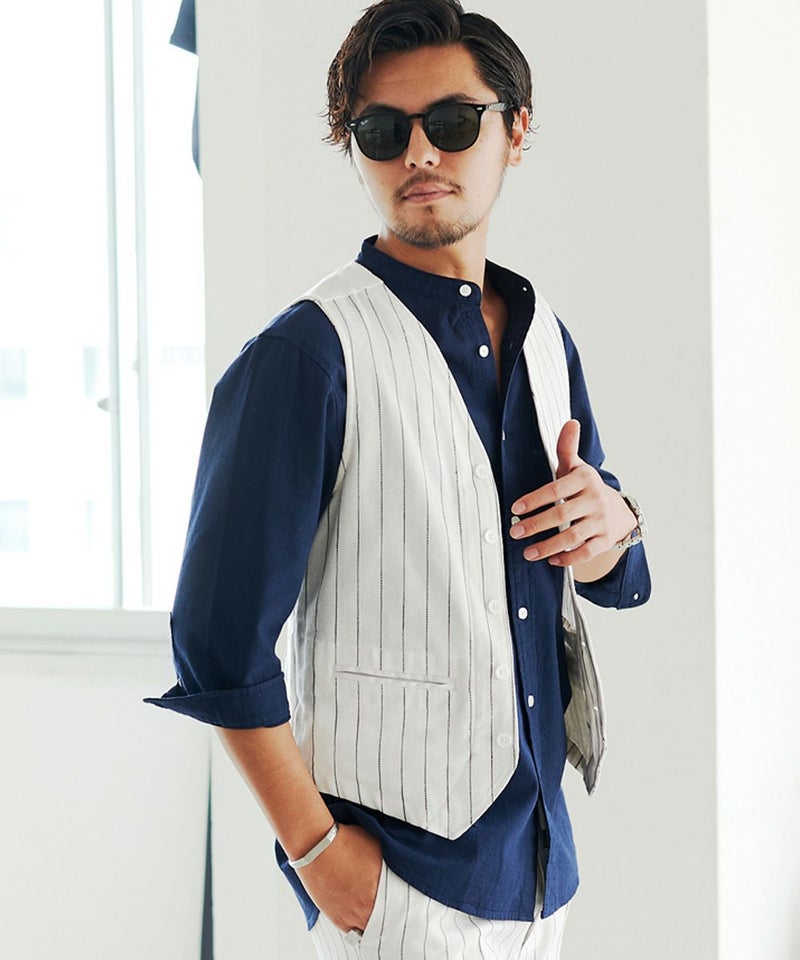 CavariA(キャバリア)綿麻ストライプ柄ボタンベスト/全3色