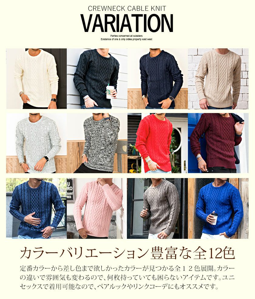 ニット メンズ VICCI(ビッチ)ケーブル編みクルーネック長袖ニットソー