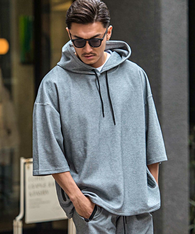 CavariA(キャバリア)止水ジップサイドポケット付き半袖プルオーバービッグパーカー/全3色