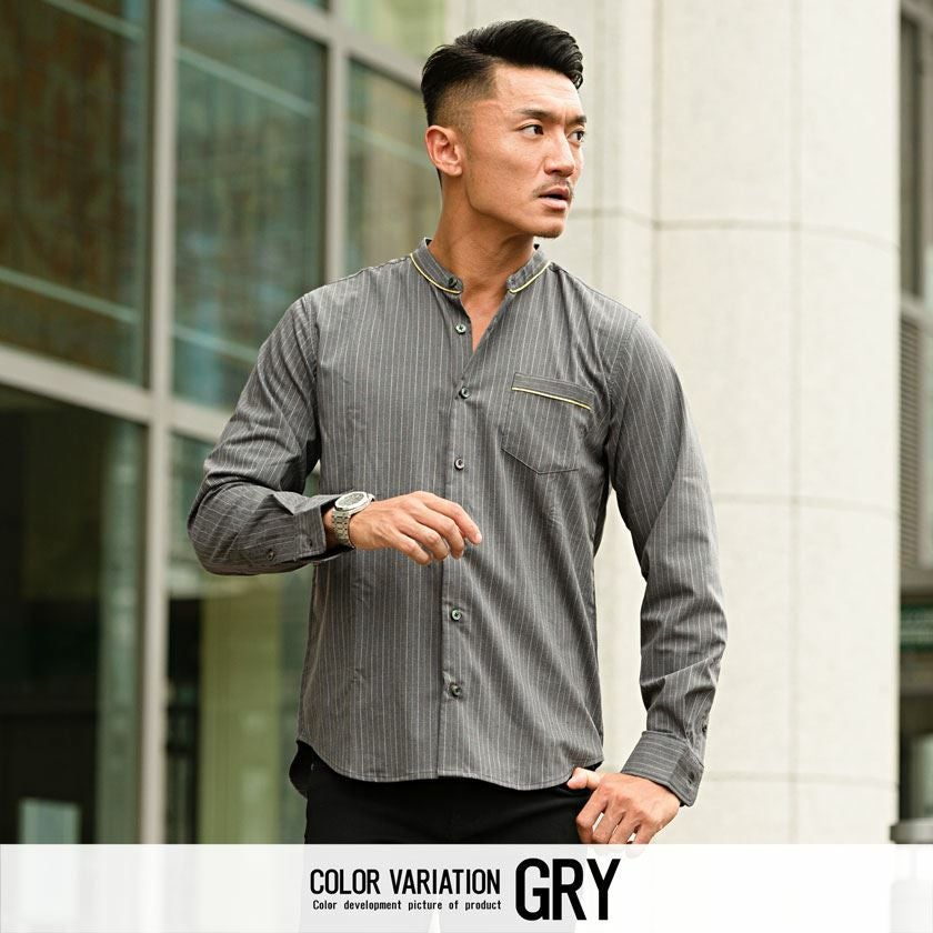 CavariA(キャバリア)ゴールドパイピング入りバンドカラー長袖ストライプシャツ