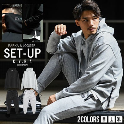 C.V.R.A(シーブイアールエー)ロゴ刺繍入りサイドジッププルパーカー×パンツセットアップ/全2色
