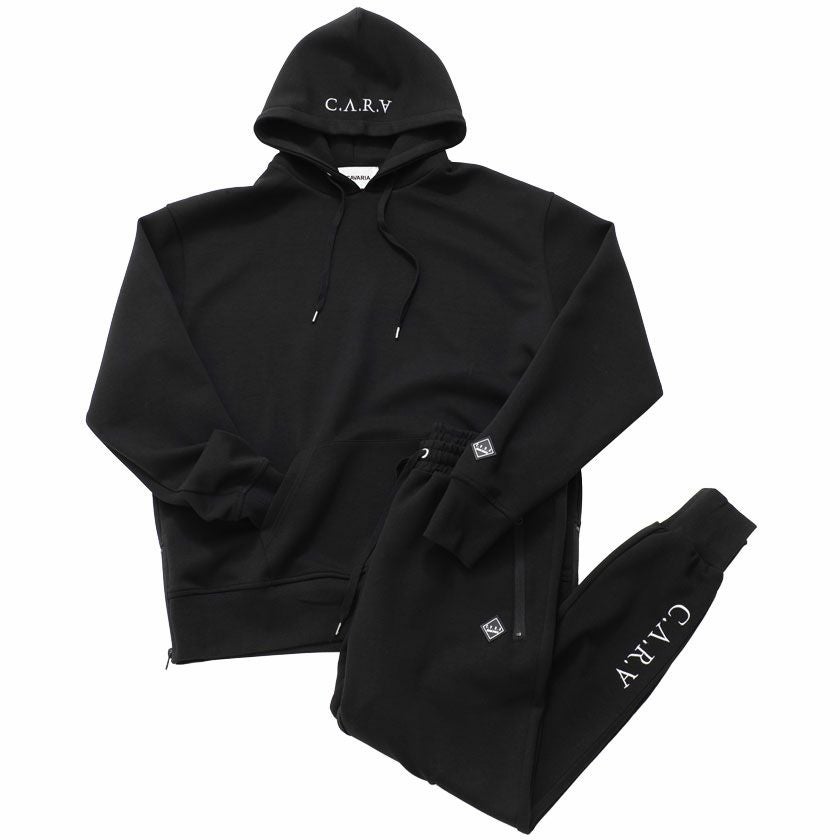 C.V.R.A(シーブイアールエー)ロゴ刺繍入りサイドジッププルパーカー×パンツセットアップ/全2色