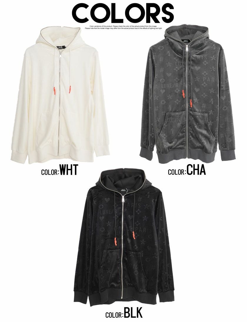 ジップパーカー メンズ LUXE／R(ラグジュ)モノグラム型押しベロア