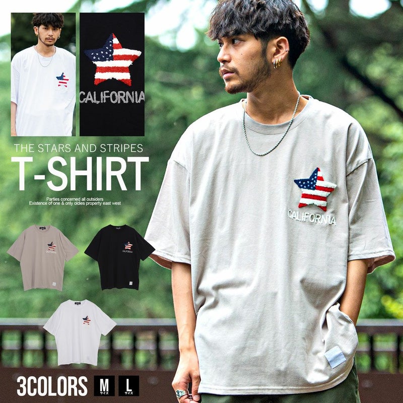 CavariA(キャバリア)星条旗サガラ刺繍クルーネック半袖ビッグTシャツ/全3色