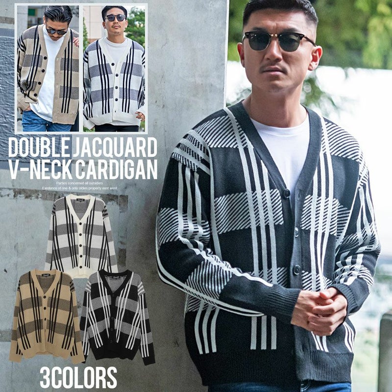 CavariA(キャバリア)7Gダブルジャガードチェック柄Vネックカーディガン/全3色