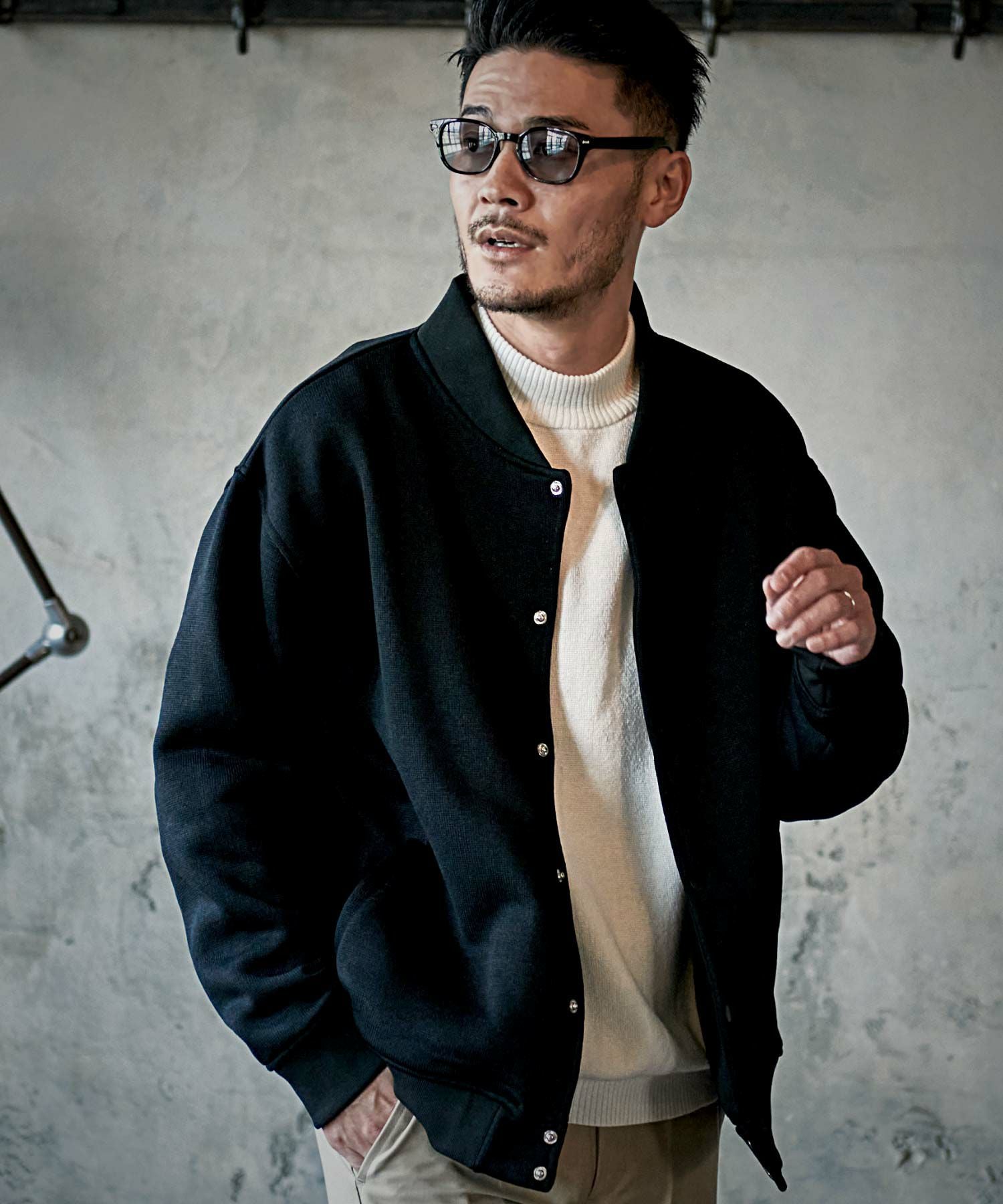 ブルゾン メンズ CavariA(キャバリア)ニットソー起毛ビッグスタジャン