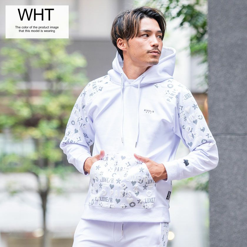 パーカー メンズ LUXE／R(ラグジュ)切り替え総柄ロゴプリントパーカー