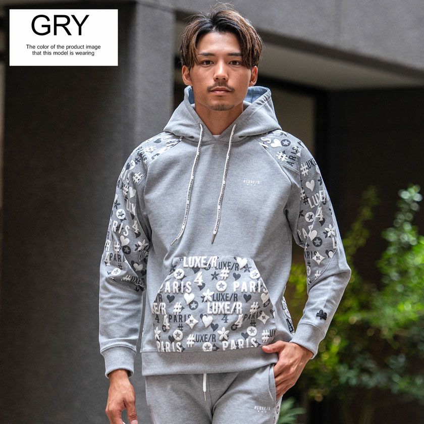 パーカー メンズ LUXE／R(ラグジュ)切り替え総柄ロゴプリントパーカー