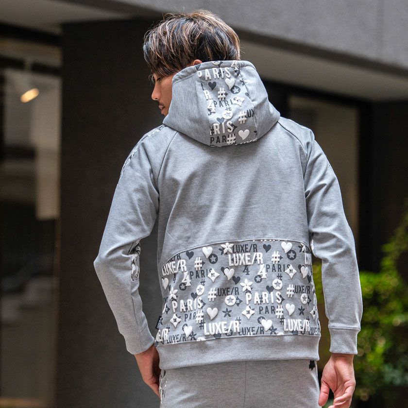 パーカー メンズ LUXE／R(ラグジュ)切り替え総柄ロゴプリントパーカー