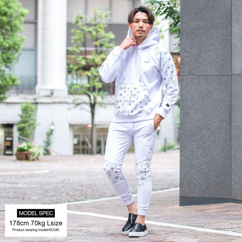 スウェットパンツ メンズ LUXE／R(ラグジュ)切り替え総柄ロゴジョガー