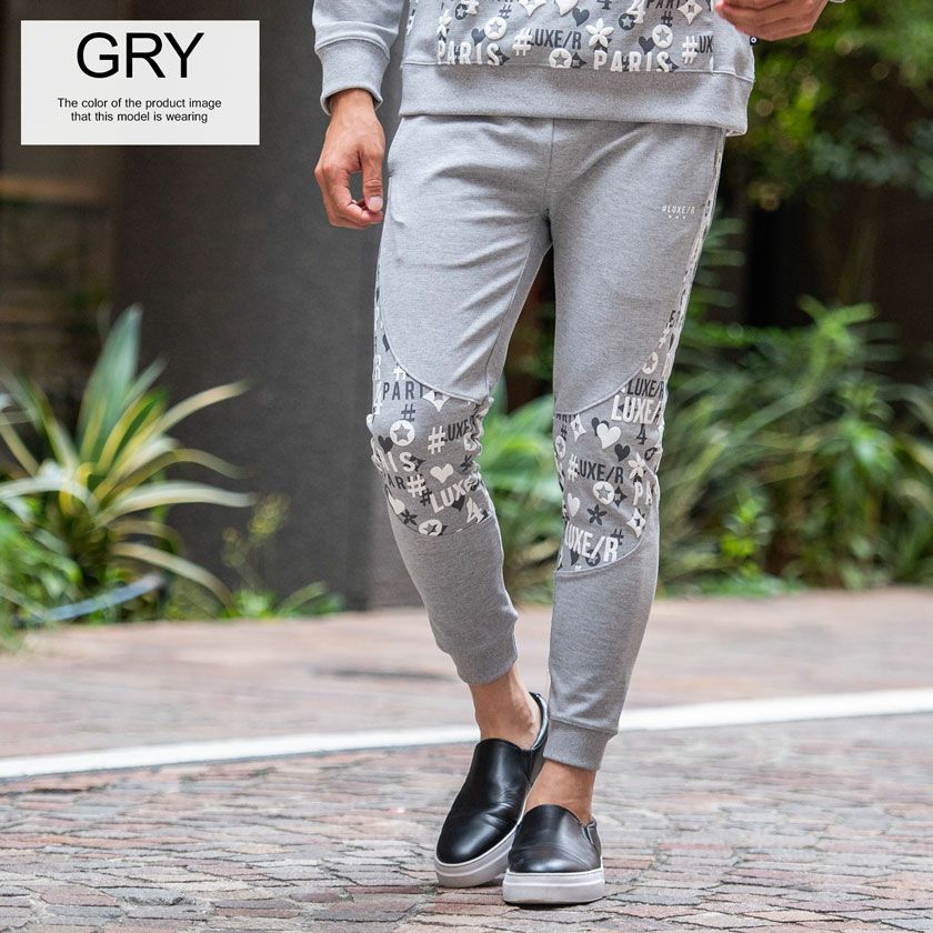 スウェットパンツ メンズ LUXE／R(ラグジュ)切り替え総柄ロゴジョガー