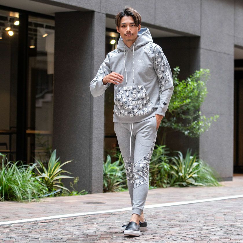 スウェットパンツ メンズ LUXE／R(ラグジュ)切り替え総柄ロゴジョガー