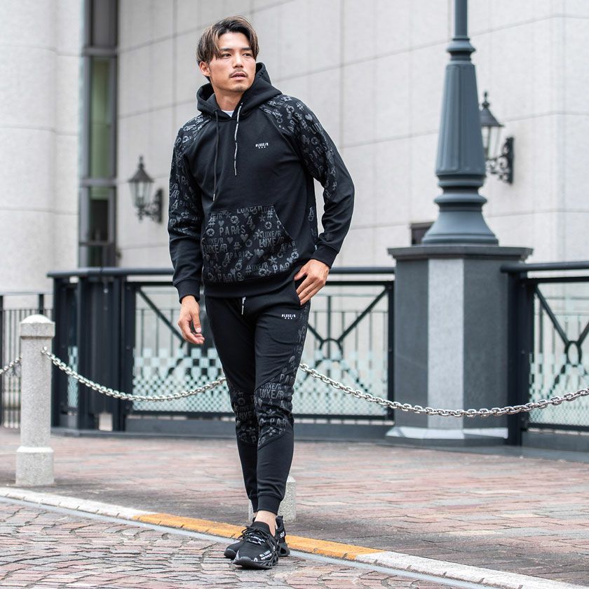 スウェットパンツ メンズ LUXE／R(ラグジュ)切り替え総柄ロゴジョガー