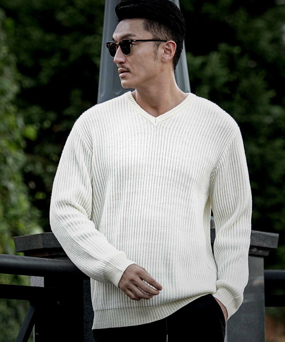 CavariA(キャバリア)二重臼畦編みVネック 長袖ニット/全6色