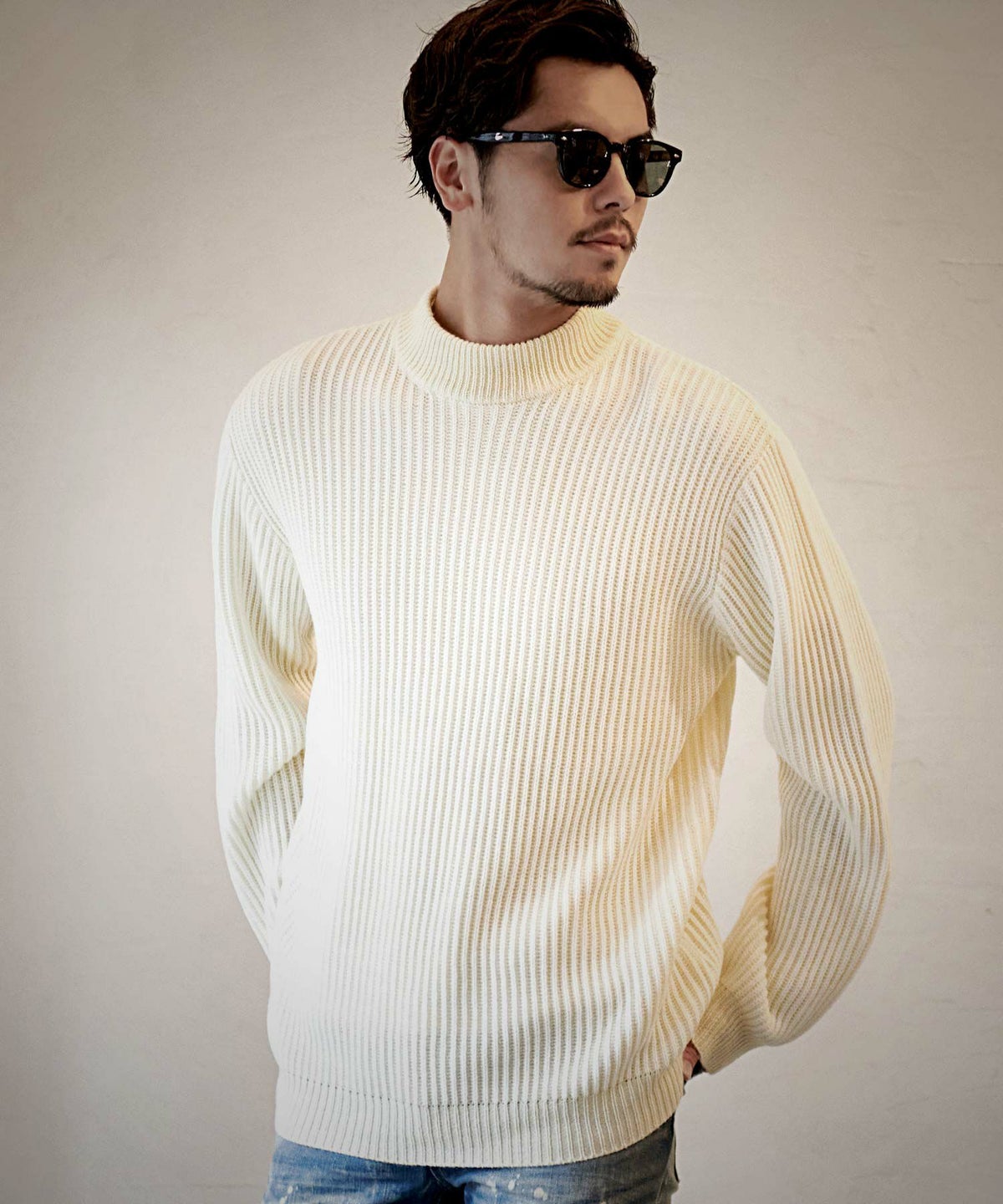 CavariA(キャバリア)二重臼畦編みモックネック 長袖ニット/全6色