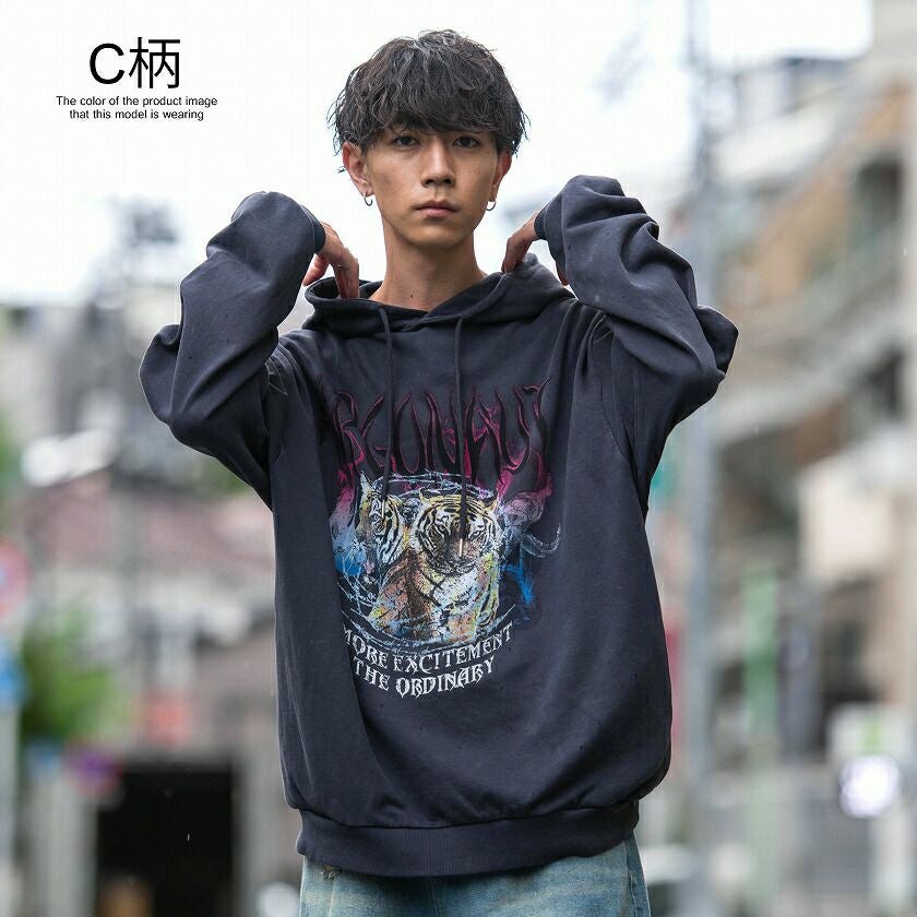 パーカー メンズ CavariA(キャバリア)ハードグラフィック加工長袖プル