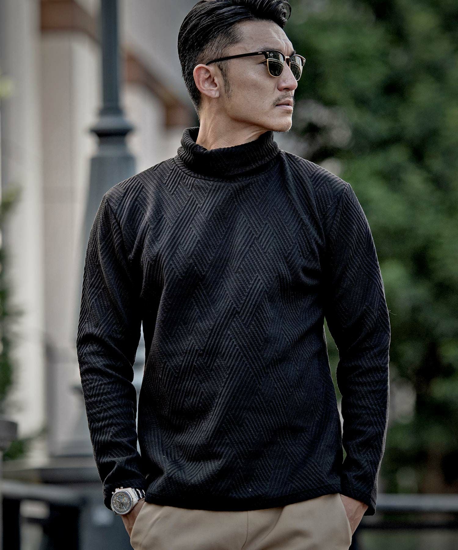 セーター メンズ CavariA リブ編みタートルネック長袖コットン