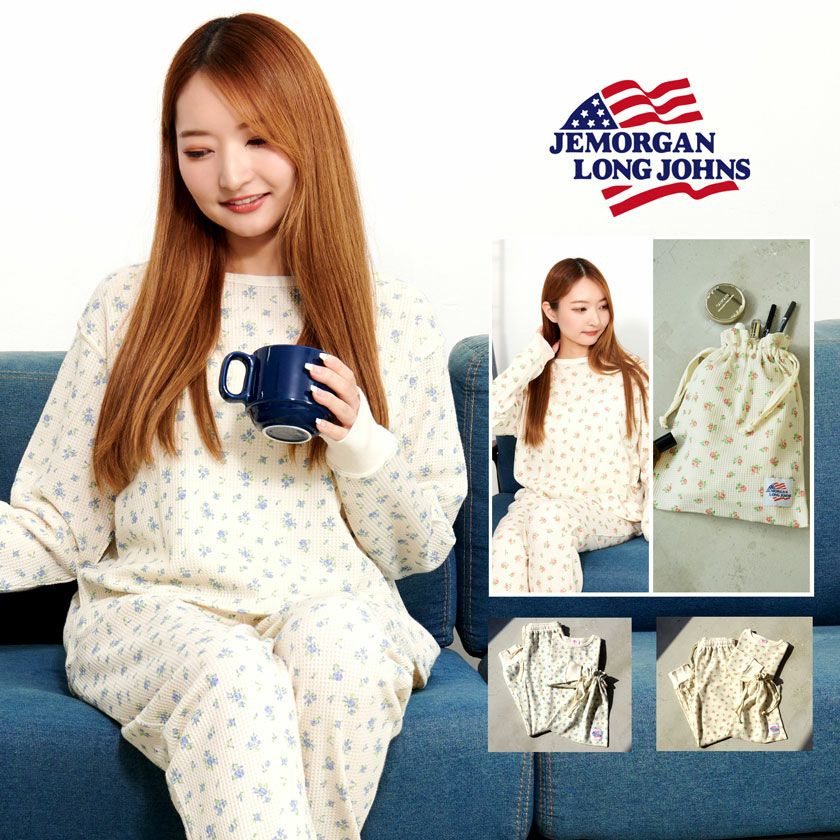 JEMORGAN LONG JOHNS(ジェーイーモーガンロングジョーンズ)TCワッフル花柄3点セット(長袖、パンツ、袋)/全2色