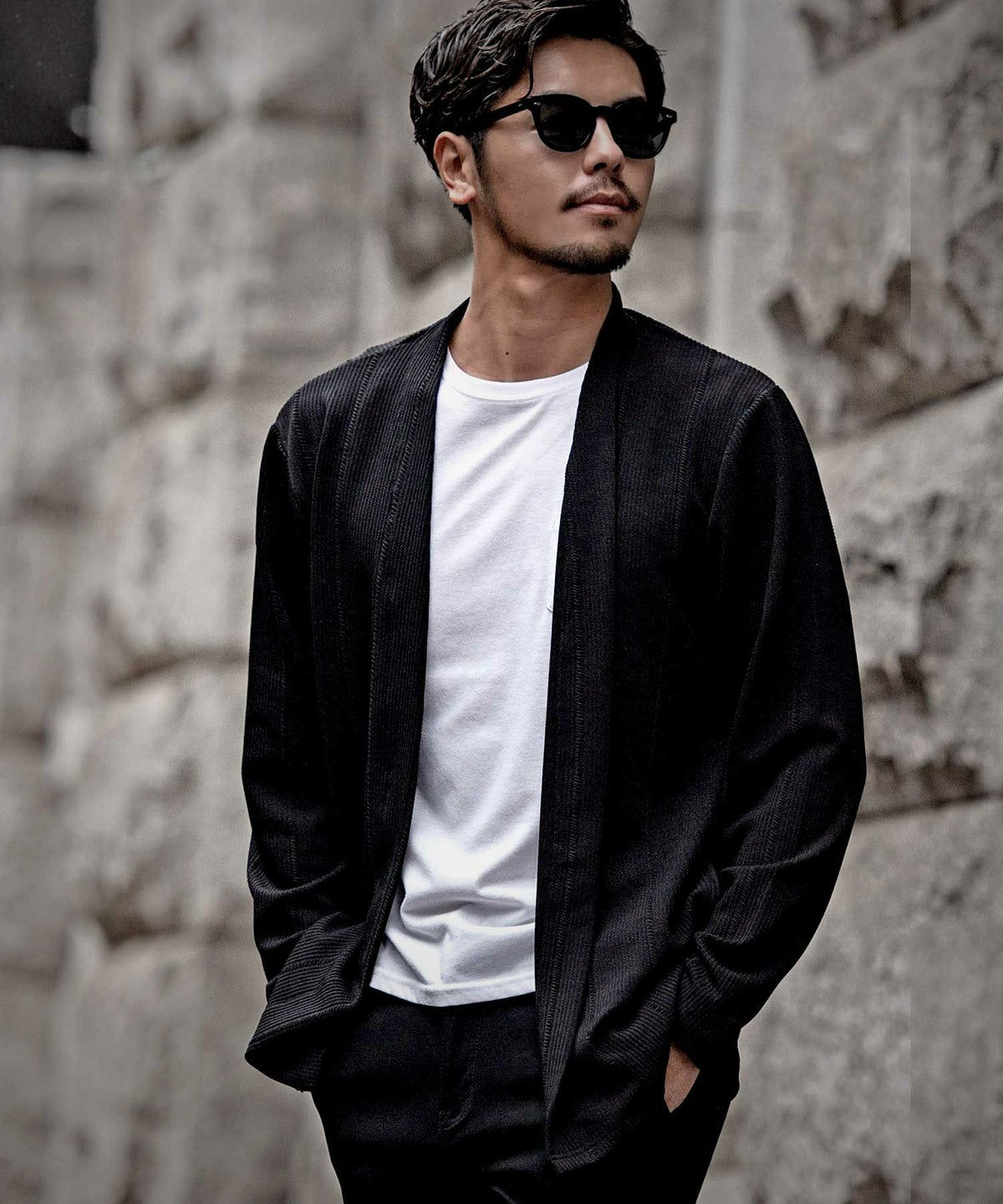 CavariA(キャバリア)ちぢれストライプノーカラー長袖カーディガン/全2色