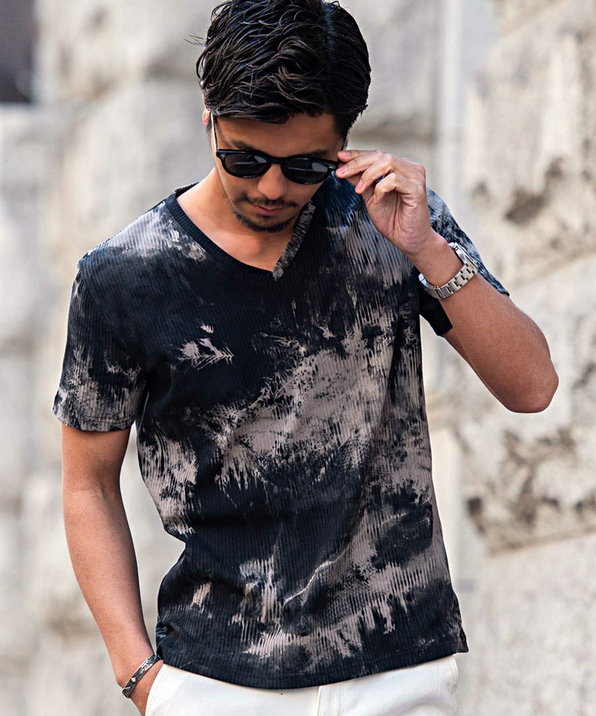 Bernings Sho(バーニングショウ)ムラ染めテレコ半袖VネックTシャツ/全2色