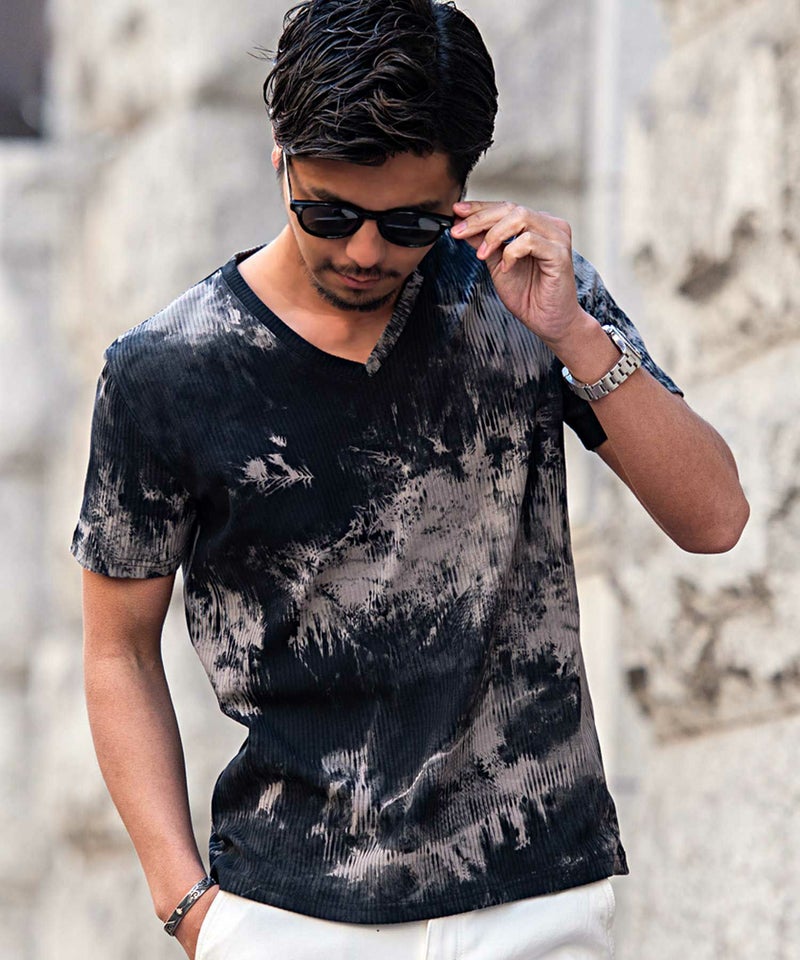 Bernings Sho(バーニングショウ)ムラ染めテレコ半袖VネックTシャツ/全2色