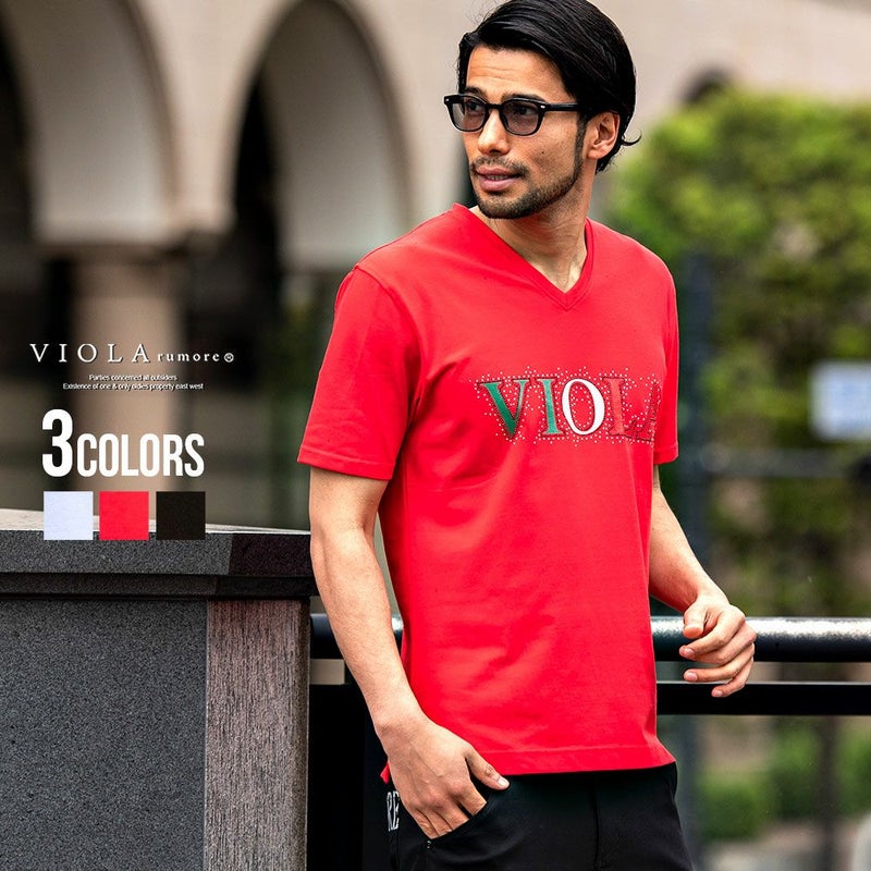 VIOLA(ヴィオラ)ステッチ天竺ラインストーンプリントVネック半袖Tシャツ/全3色