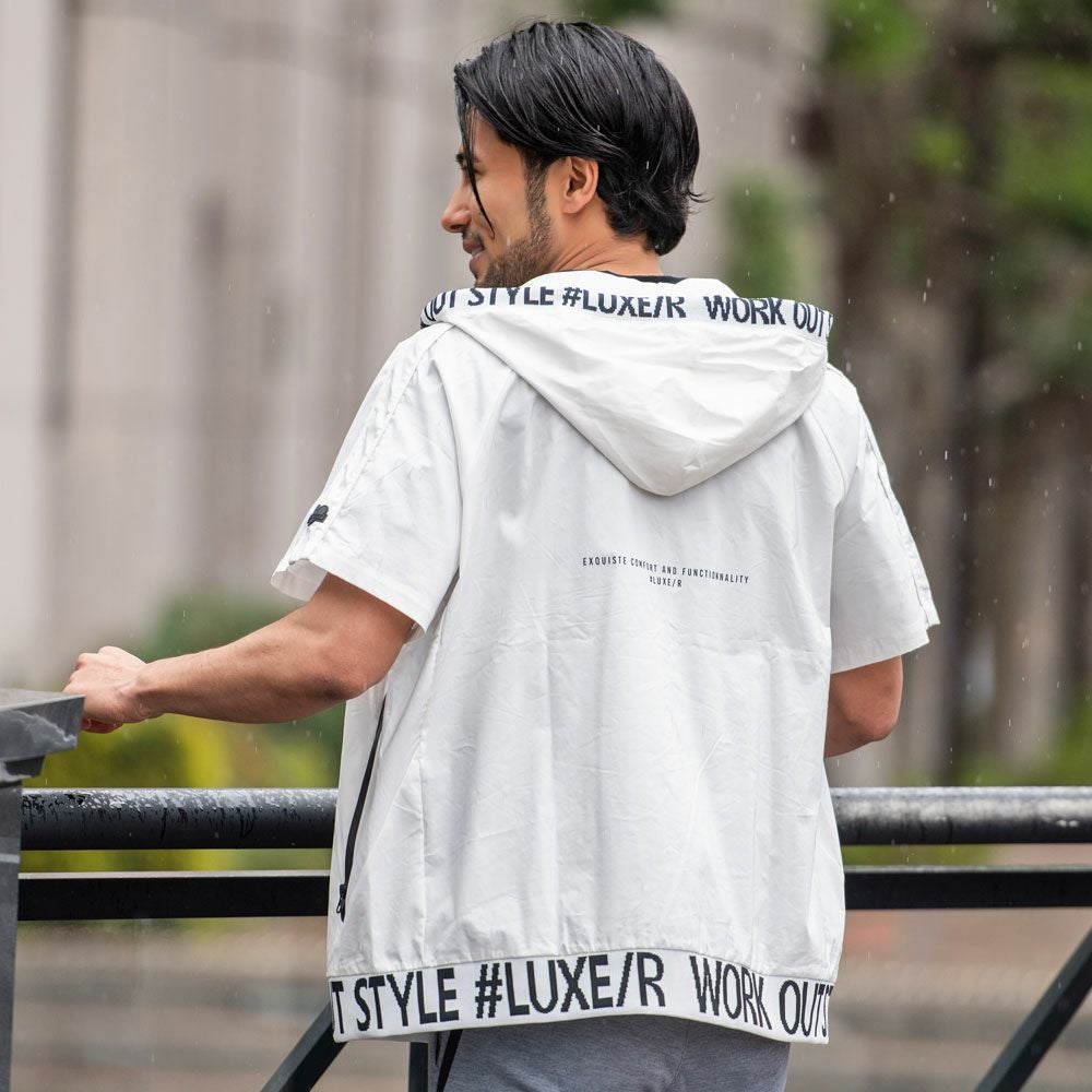 ジップパーカー メンズ LUXE／R(ラグジュ)ストレッチ布帛半袖ZIP
