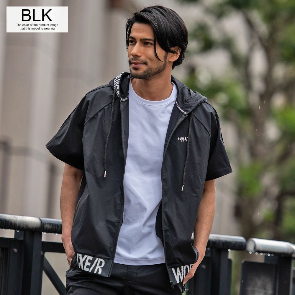 ジップパーカー メンズ LUXE／R(ラグジュ)ストレッチ布帛半袖ZIP