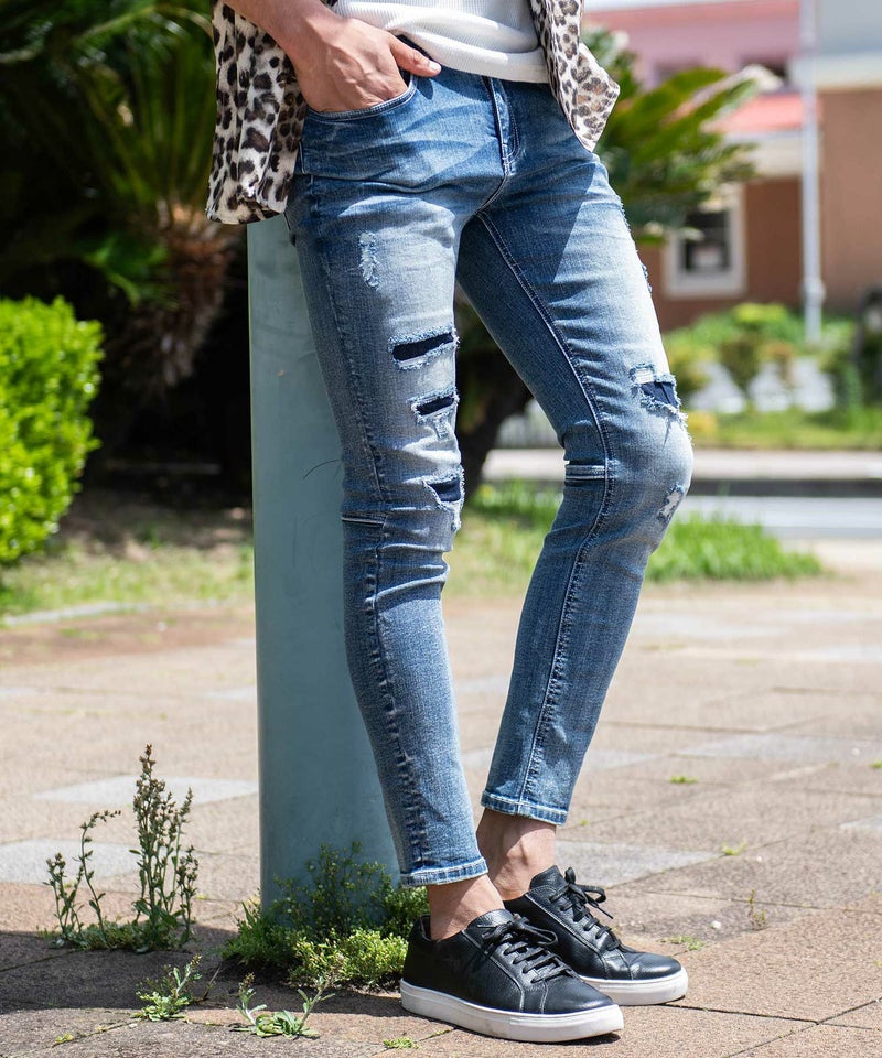  CavariA(キャバリア)リペア立体ヒゲストレッチスキニーアンクルデニムパンツ/全3色