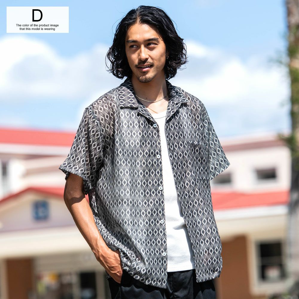 シャツ メンズ JEMORGAN LONG JOHNS メッシュ総柄プリントオープン