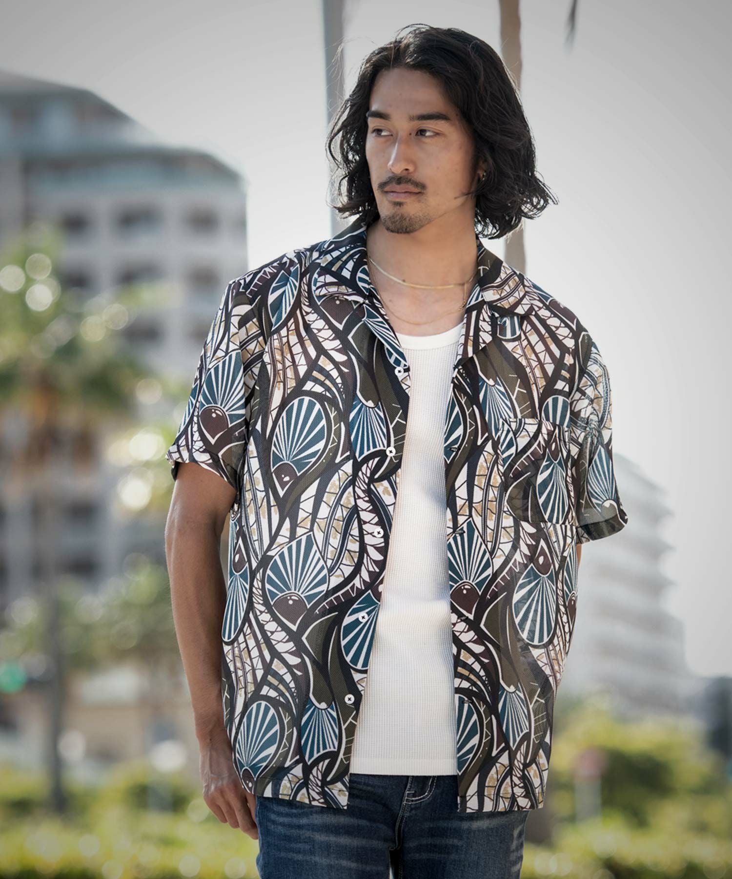 シャツ メンズ JEMORGAN LONG JOHNS メッシュ総柄プリントオープン