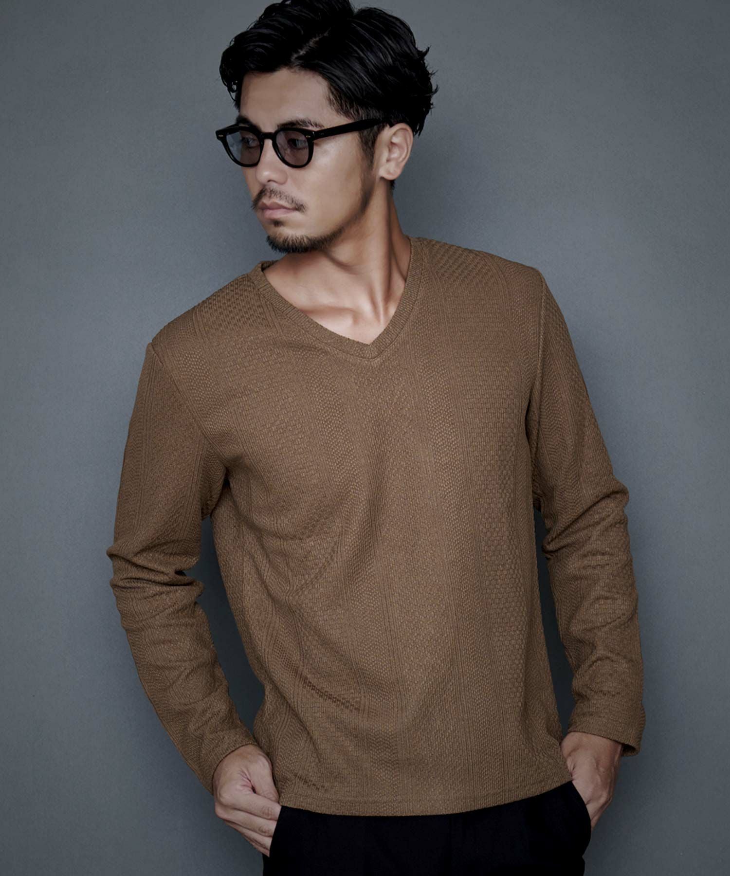 長袖Tシャツ メンズ CavariA(キャバリア)パターンニットソー長袖V