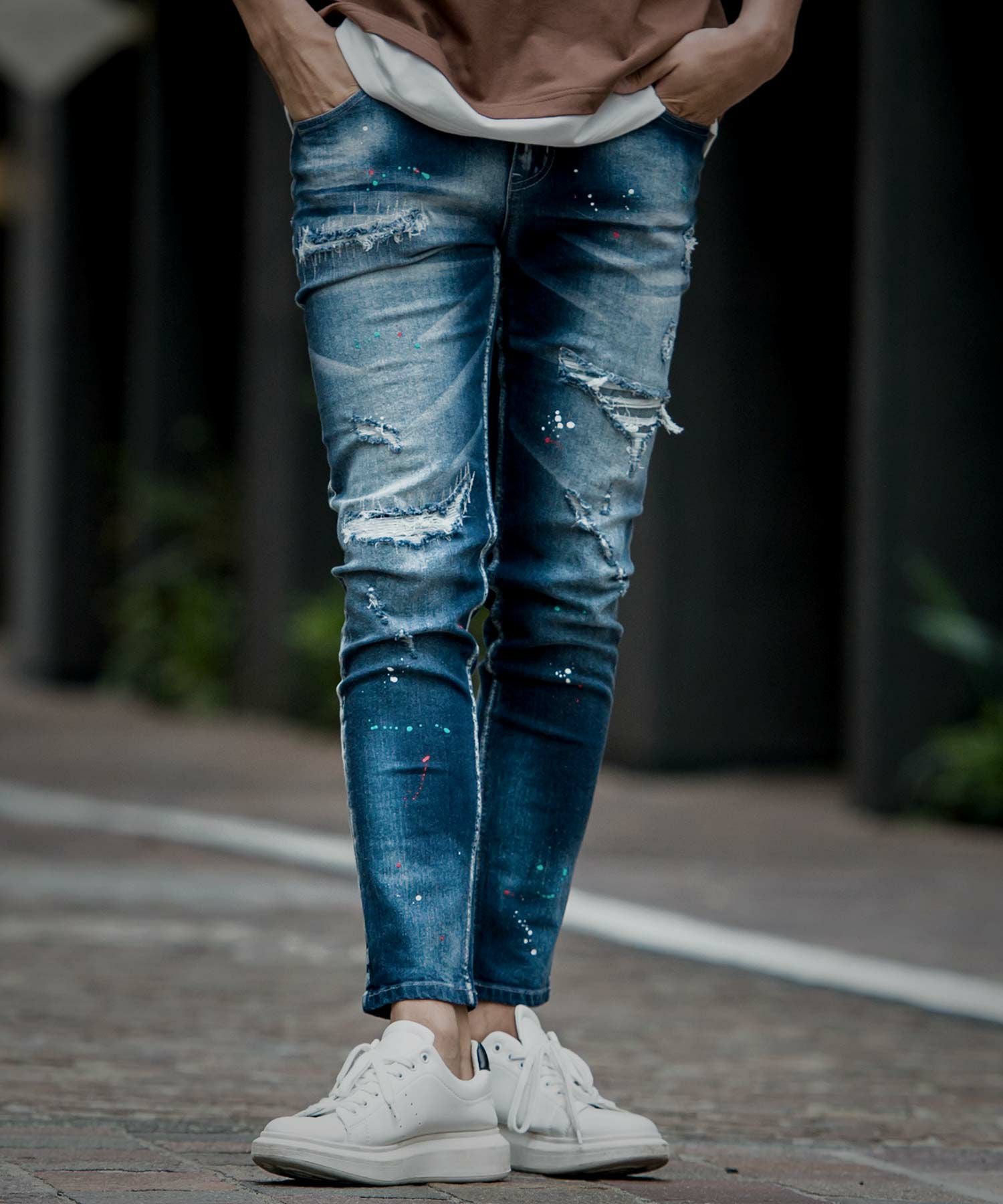 デニムパンツ メンズ CavariA(キャバリア)ペンキ飛ばしダメージ加工