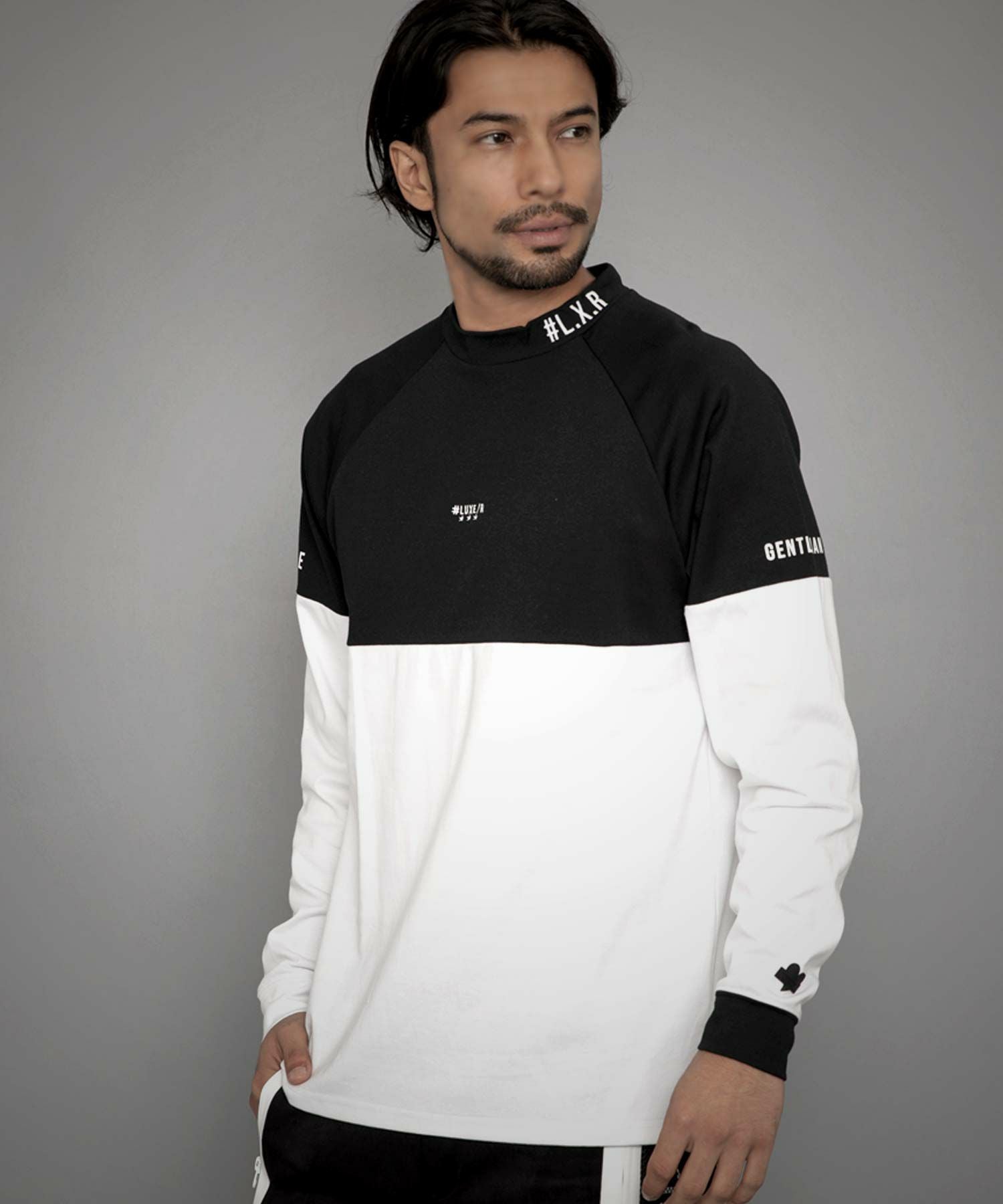 長袖Tシャツ メンズ LUXE／R(ラグジュ)CVCスムース切替モックネック