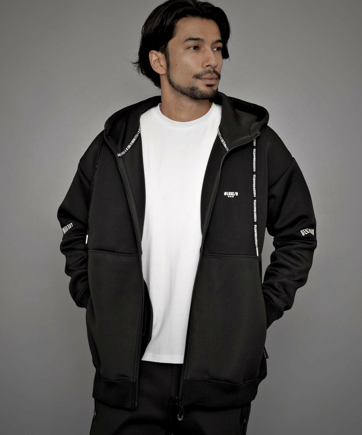 LUXE／R(ラグジュ)スポンジボンディング切り替えZIPパーカー 長袖/全3色