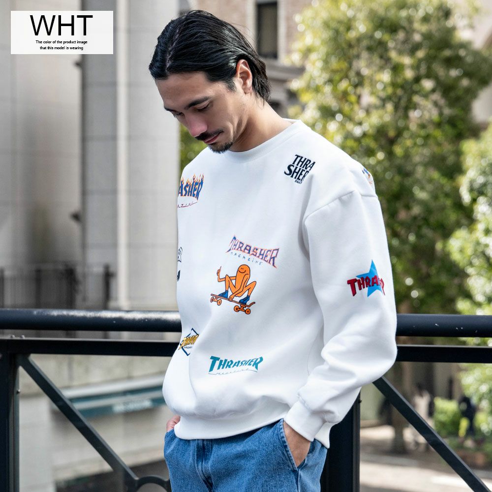 スウェット メンズ THRASHER(スラッシャー)総柄プリント＆刺繍C/N長袖