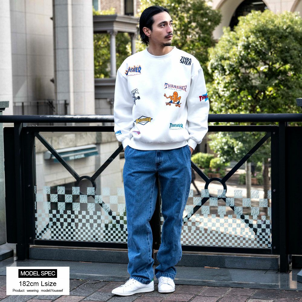 スウェット メンズ THRASHER(スラッシャー)総柄プリント&刺繍C/N長袖 スウェット メンズ THRASHER(スラッシャー)総柄プリント&刺繍C/N長袖