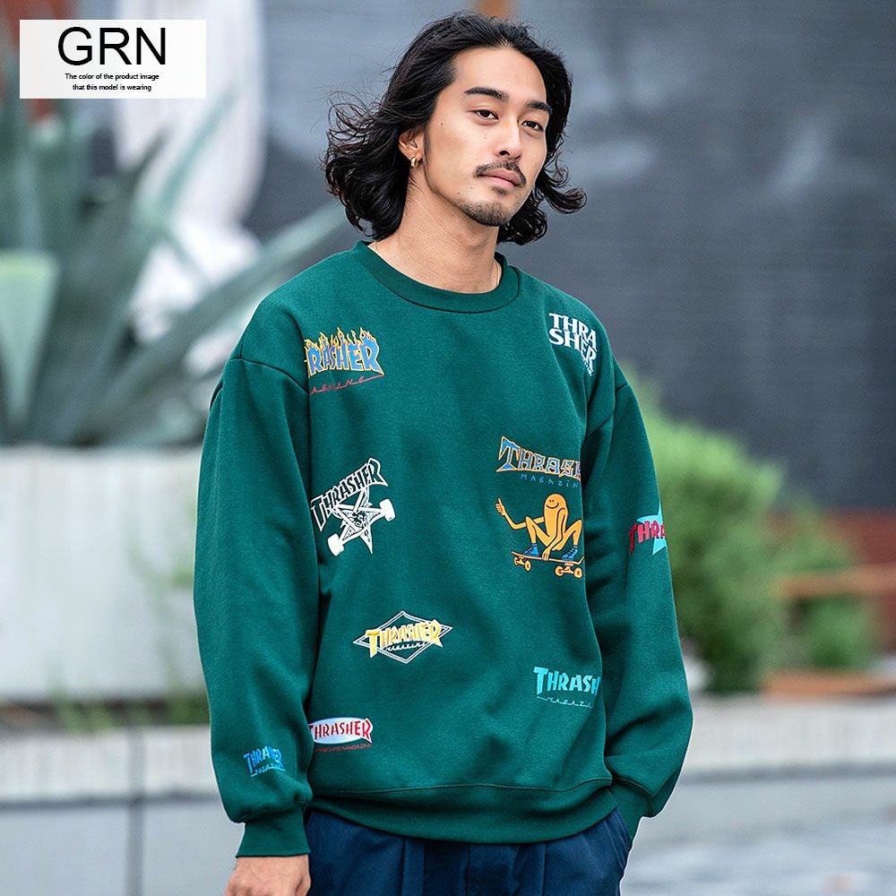 スウェット メンズ THRASHER(スラッシャー)総柄プリント＆刺繍C/N長袖