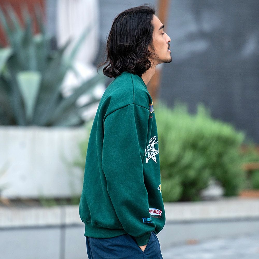 スウェット メンズ THRASHER(スラッシャー)総柄プリント＆刺繍C/N長袖