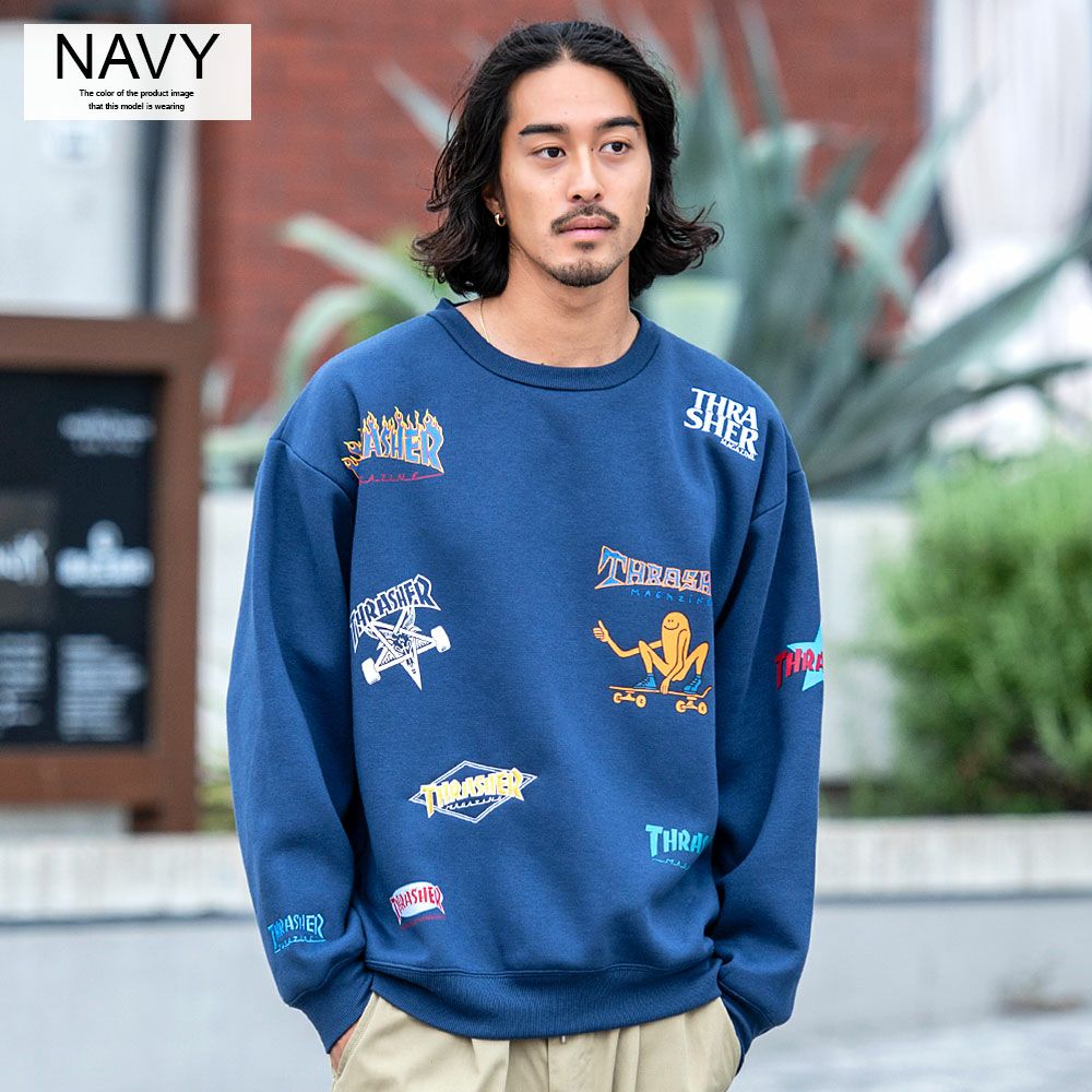 スラッシャー　セットアップ　ネイビー スウェット メンズ THRASHER(スラッシャー)総柄プリント＆刺繍C/N長袖