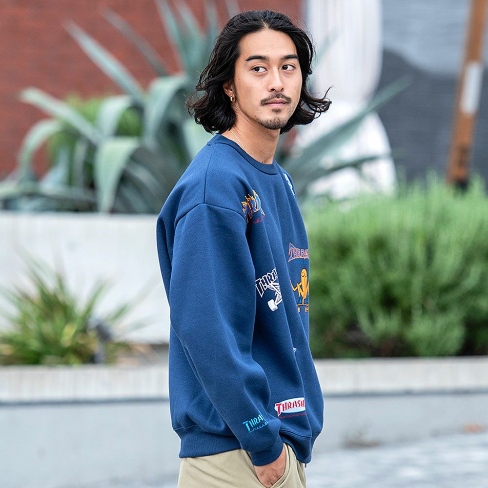 スウェット メンズ THRASHER(スラッシャー)総柄プリント＆刺繍C/N長袖