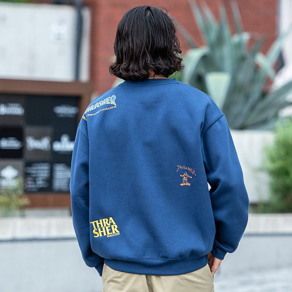 スラッシャー　セットアップ　ネイビー スウェット メンズ THRASHER(スラッシャー)総柄プリント＆刺繍C/N長袖
